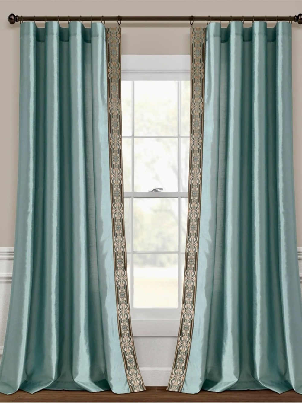 4 panels / LushDecor/Dusty Blue Faux Silk Border Trim 52x84 retail &150  panel